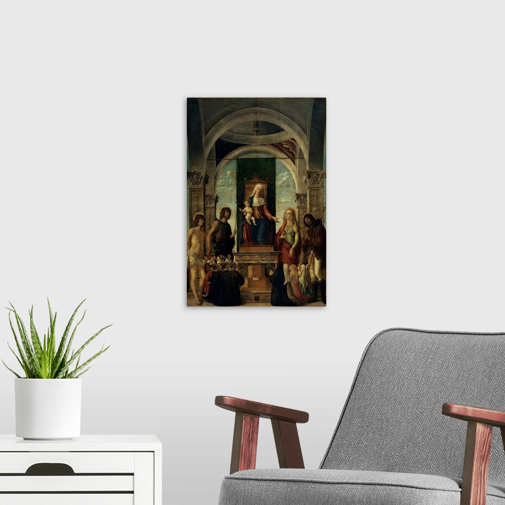 A modern room featuring Cima da Conegliano Giovanni Battista known as Cima da Conegliano, Madonna and Child Enthroned wit...