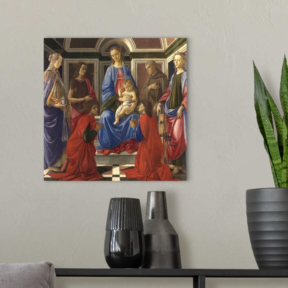A modern room featuring Madonna and Child Enthroned with Saints Mary Magdalene, John the Baptist, Cosmas and Damian, Fran...
