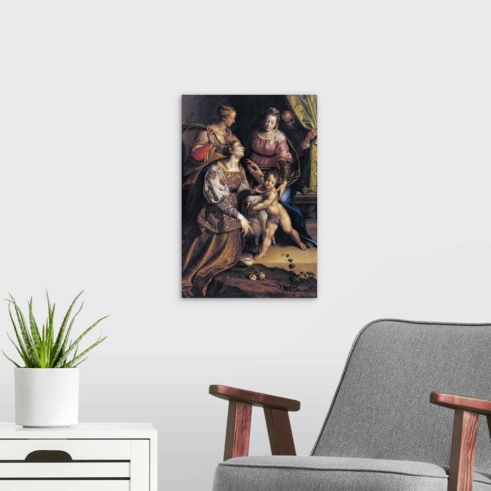 A modern room featuring Madonna and Child with St Joseph, St Catherine, St Agnes, by Antonio Campi, 1570 about, 16th Cent...