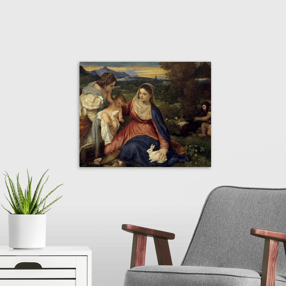 A modern room featuring 4206, Titian, Italian School. Madonna and Child with St. Catherine, also known as The Virgin with...