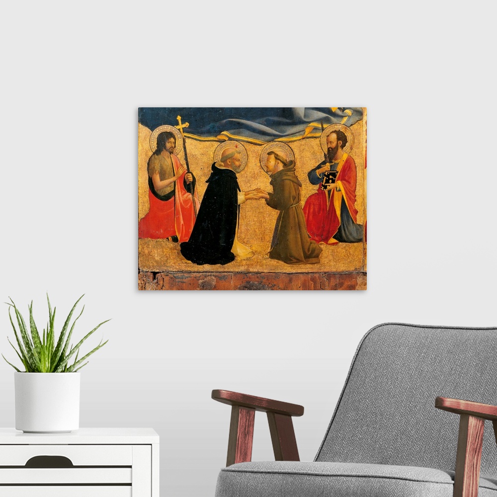 A modern room featuring Madonna and Child with Sts John the Baptist, Dominic, Francis and Paul, by Guido di Pietro (Piero...