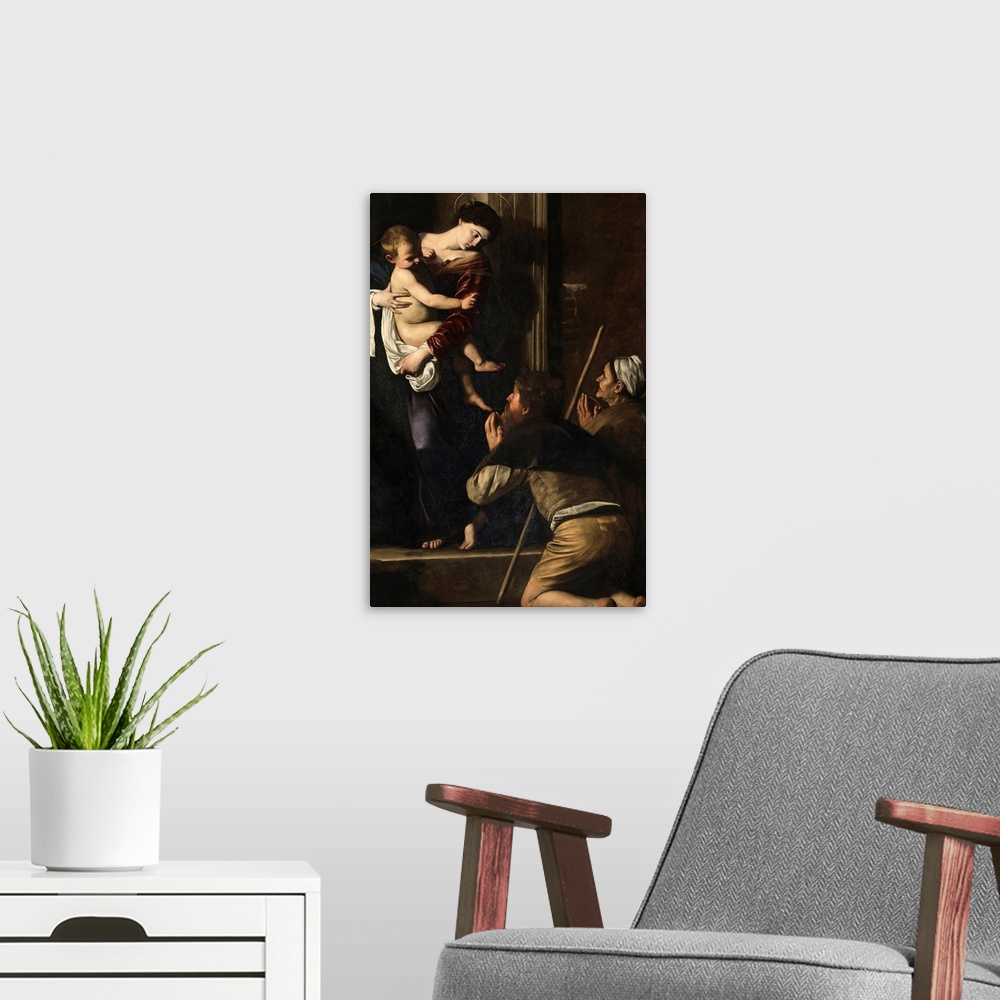 A modern room featuring Madonna di Loreto, by Michelangelo Merisi known as Caravaggio, 1604 - 1606 about, 17th Century, o...