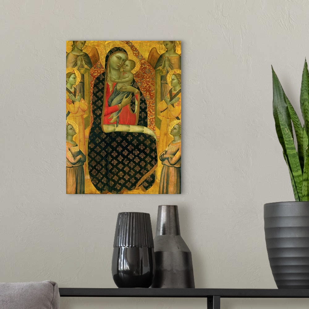 A modern room featuring Allegretto Nuzi, Italian School. Madonna in Majesty enthroned with six angels. Oil on wood, 1.38 ...