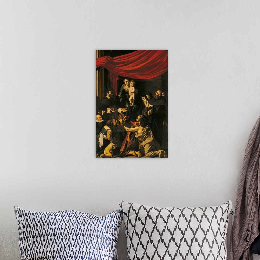 A bohemian room featuring Madonna of the Rosary, by Michelangelo Merisi known as Caravaggio, 1606 - 1607, 17th Century, oil...
