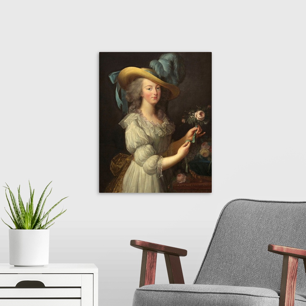 A modern room featuring Marie-Antoinette, by Elisabeth-Louise Vigee Le Brun, 1783, French painting, oil on canvas. The tr...