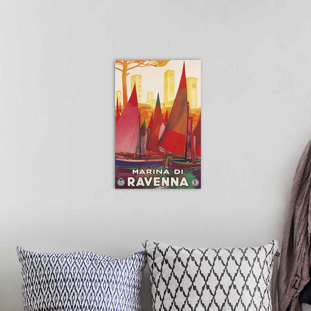 A bohemian room featuring private collection. Advertising poster Marina di Ravenna towers sails boats red sea. (159995) Eve...