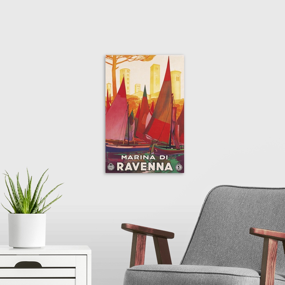 A modern room featuring private collection. Advertising poster Marina di Ravenna towers sails boats red sea. (159995) Eve...