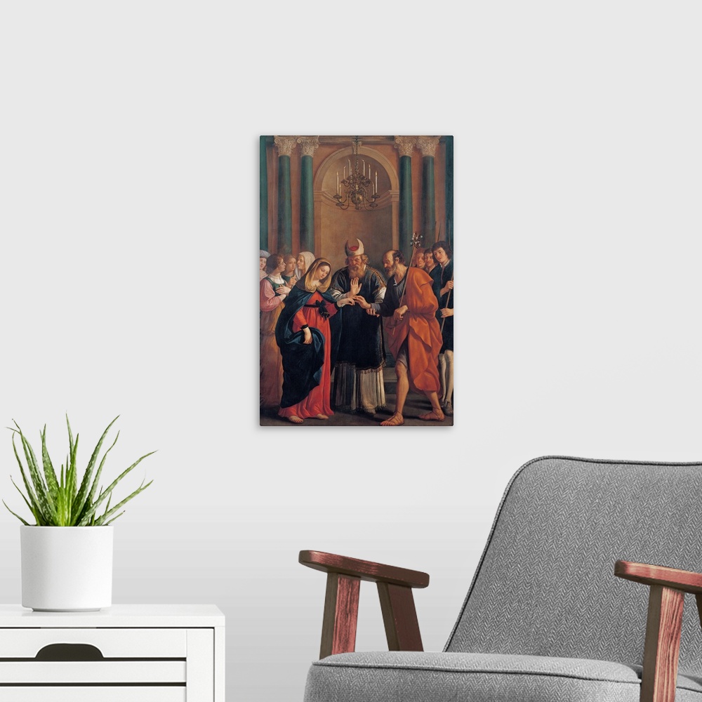 A modern room featuring Gennari Bartolomeo, The Marriage of the Virgin Mary, 17th Century, oil on canvas, Italy, Emilia R...