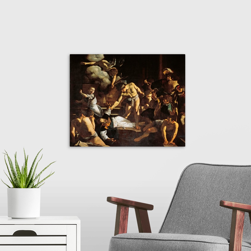 A modern room featuring The Martyrdom of St. Matthew, by Michelangelo Merisi known as Caravaggio, 1599 - 1600, 16th Centu...