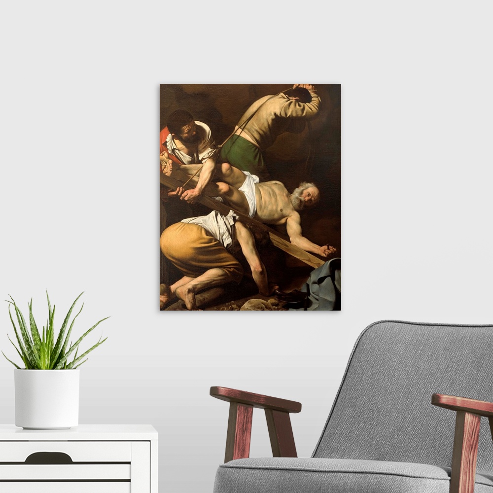 A modern room featuring Martyrdom of St Peter, by Michelangelo Merisi known as Caravaggio, 1600 - 1601, 17th Century, oil...