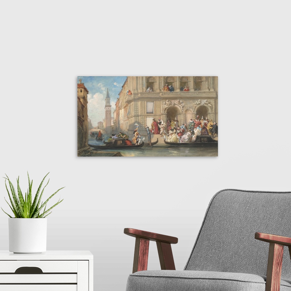 A modern room featuring Masqueraders Boarding Gondolas before a Venetian Palazzo, by Eugene Louis Lami, 1869, French pain...