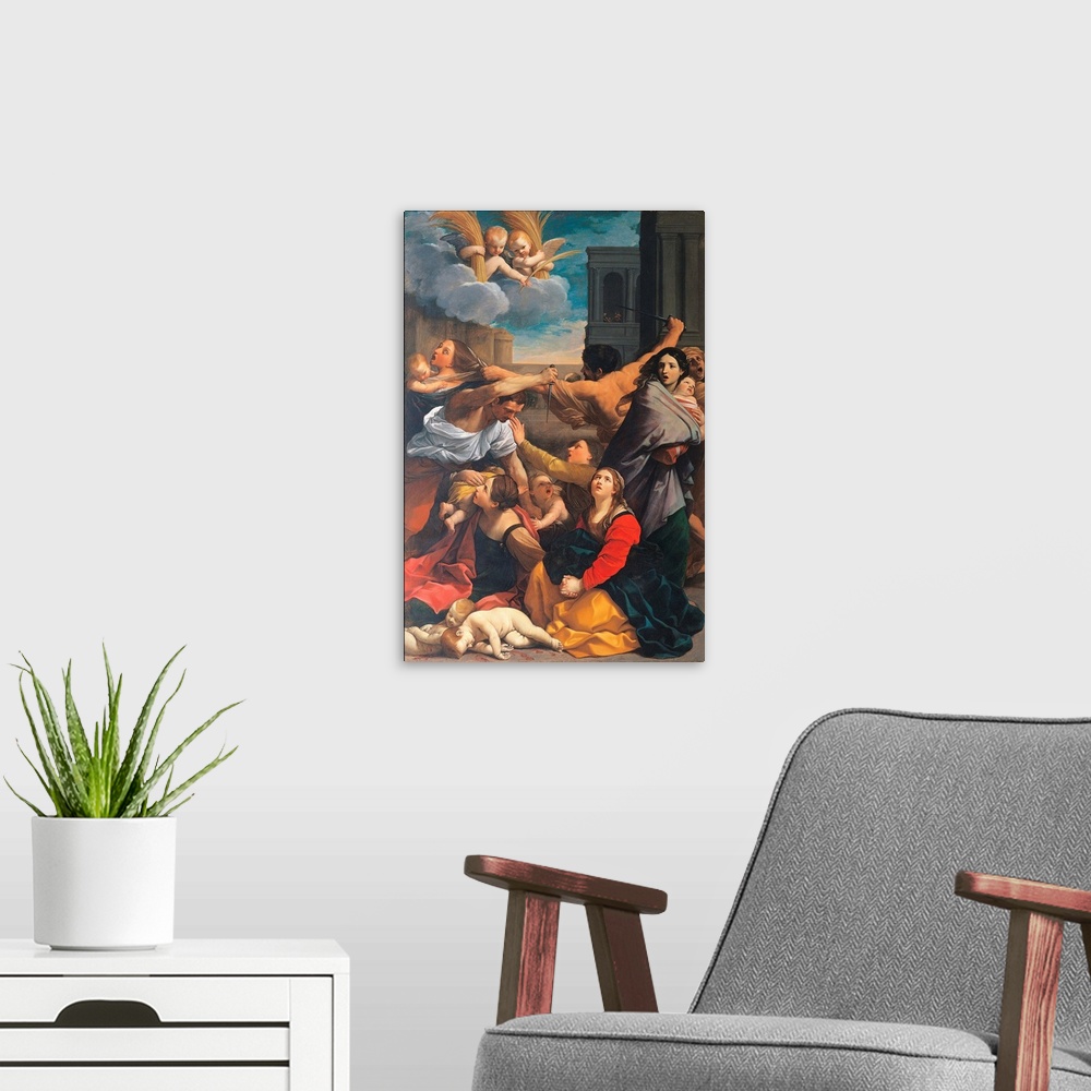 A modern room featuring Massacre of the Innocents, by Guido Reni, 1611 about, 17th Century, oil on canvas, cm 268 x 170 -...