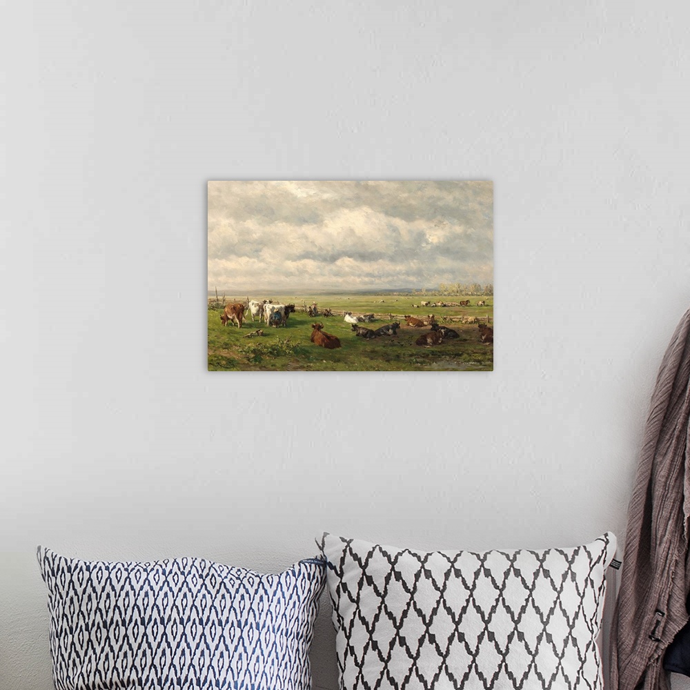 A bohemian room featuring Meadow Landscape with Cattle, by Willem Roelofs 1st, c. 1880, Dutch painting, oil on canvas. Farm...
