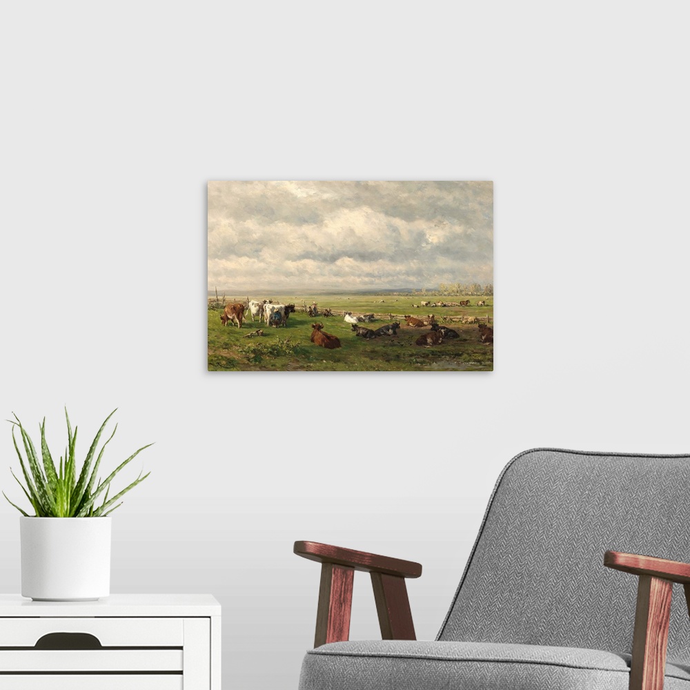 A modern room featuring Meadow Landscape with Cattle, by Willem Roelofs 1st, c. 1880, Dutch painting, oil on canvas. Farm...