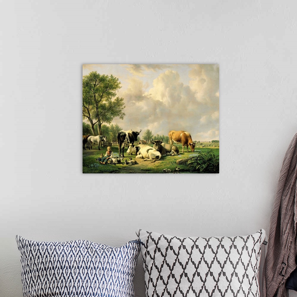 A bohemian room featuring Meadow with Animals, by Jan van Ravenswaay, 1820-37, Dutch painting, oil on canvas. Pasture with ...