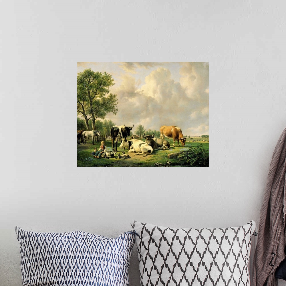 A bohemian room featuring Meadow with Animals, by Jan van Ravenswaay, 1820-37, Dutch painting, oil on canvas. Pasture with ...