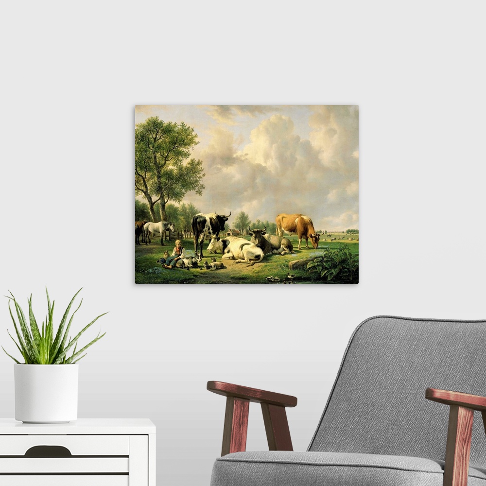 A modern room featuring Meadow with Animals, by Jan van Ravenswaay, 1820-37, Dutch painting, oil on canvas. Pasture with ...
