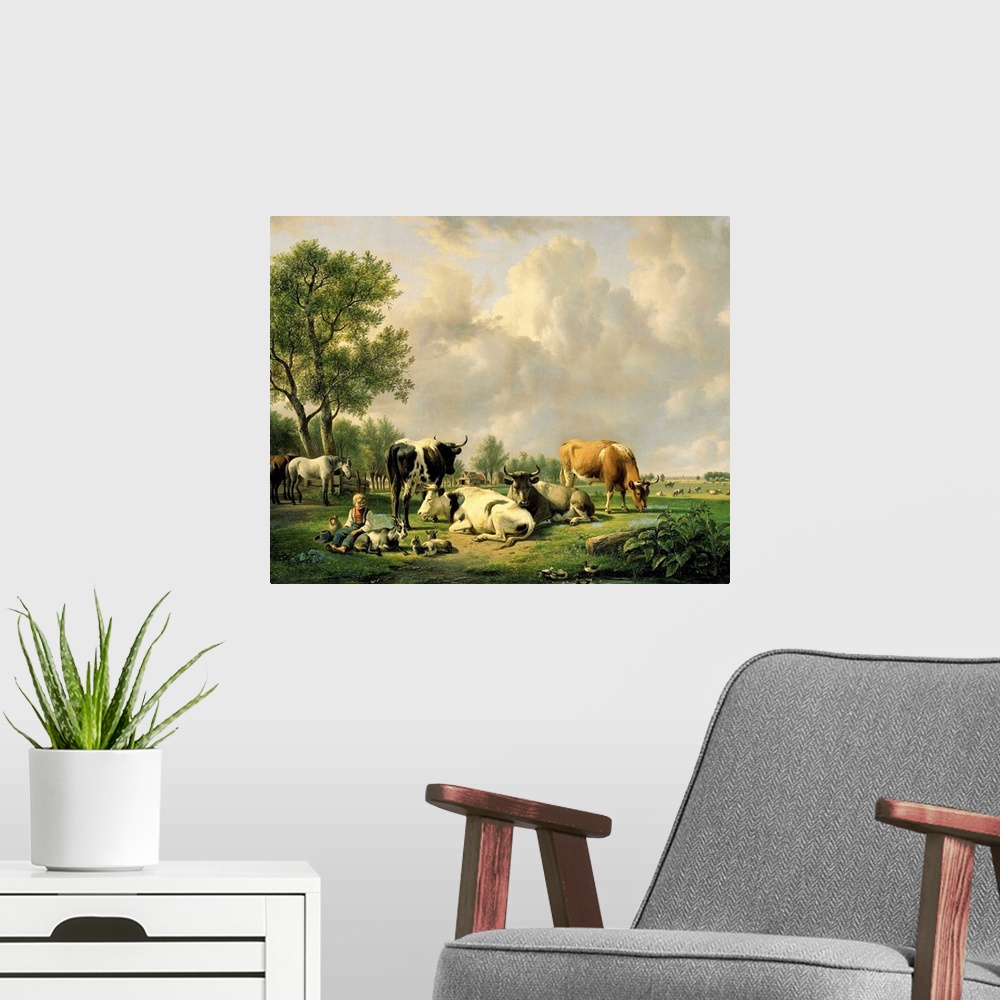 A modern room featuring Meadow with Animals, by Jan van Ravenswaay, 1820-37, Dutch painting, oil on canvas. Pasture with ...