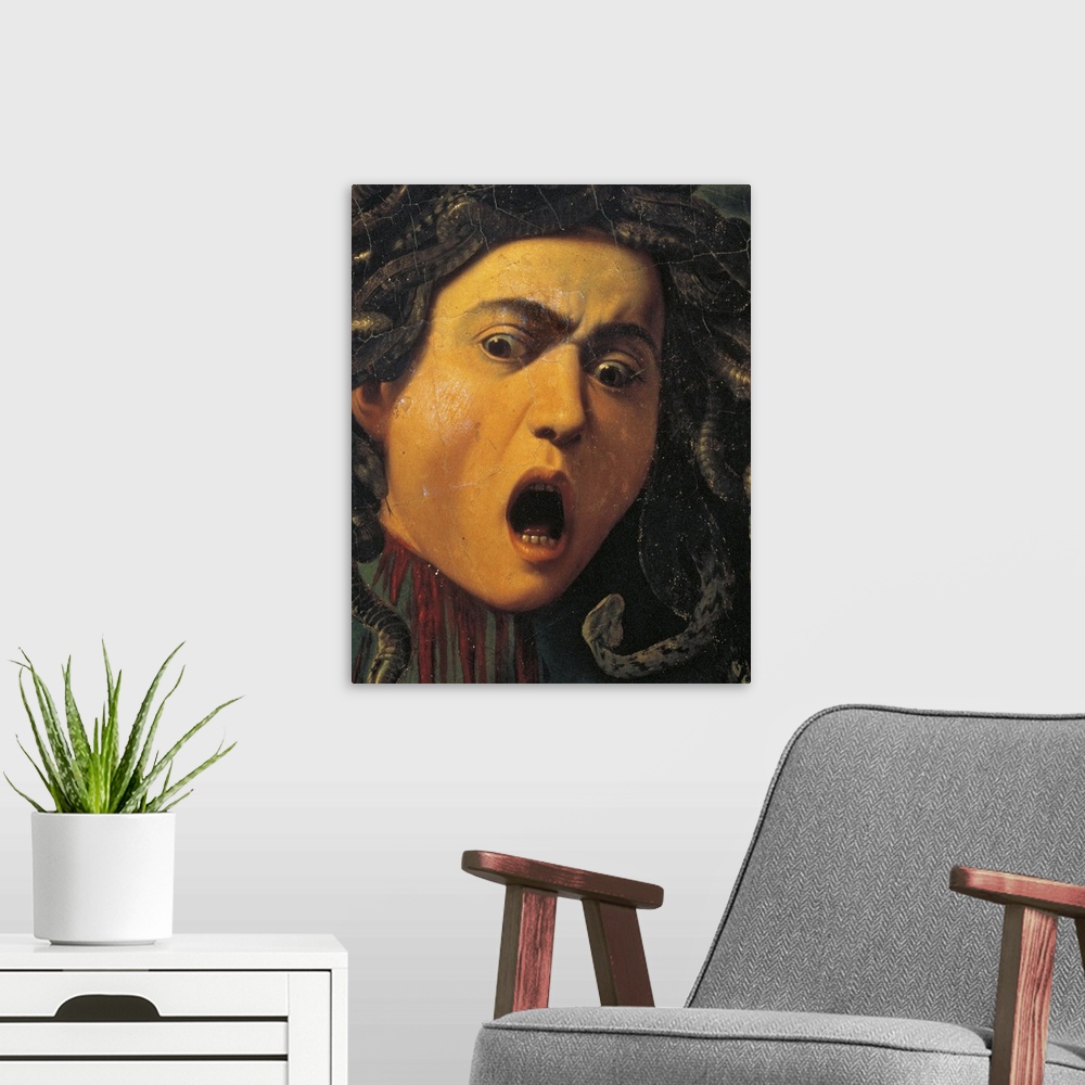 A modern room featuring Medusa, by Michelangelo Merisi known as Caravaggio, 1596 - 1598 about, 16th Century, oil on canva...