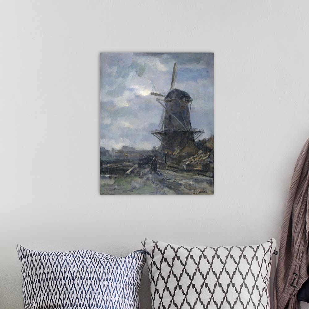 A bohemian room featuring Mill at Moonlight. By Jacob Maris, c. 1899, Dutch painting, oil on canvas. Windmill in the foregr...