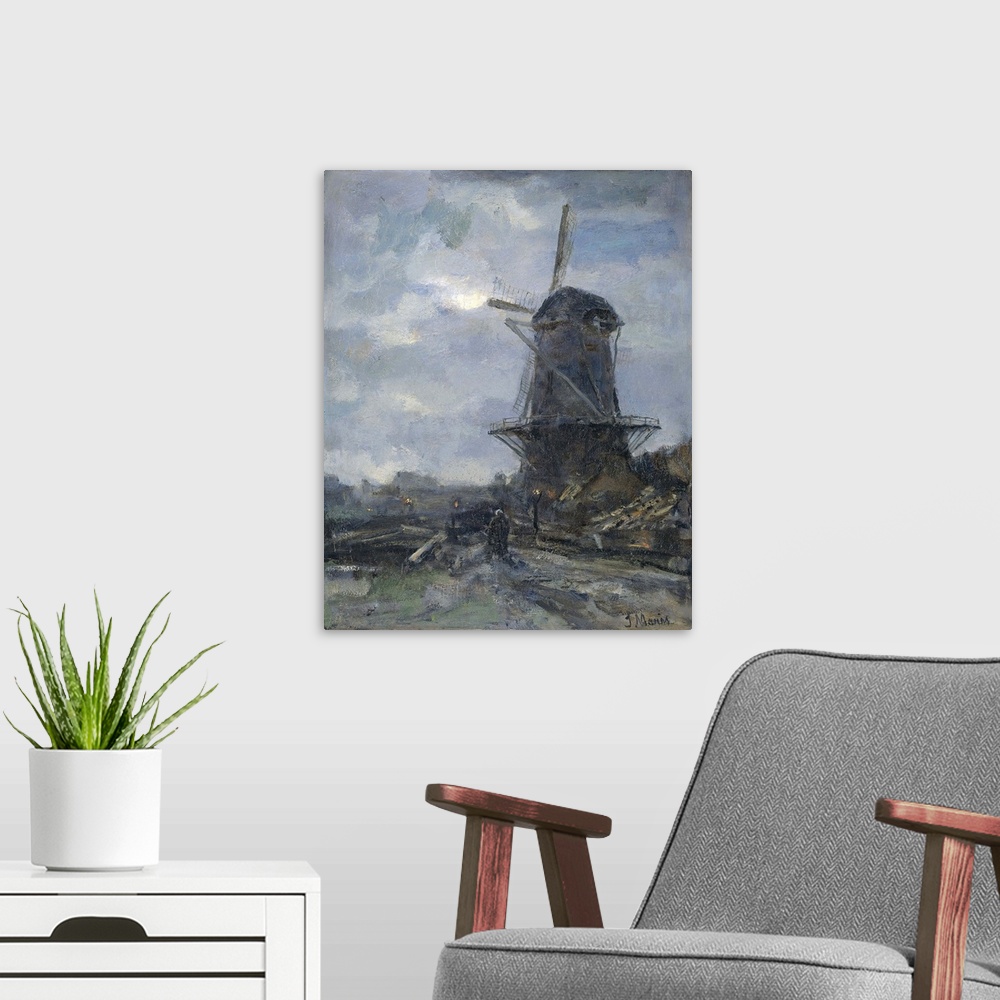 A modern room featuring Mill at Moonlight. By Jacob Maris, c. 1899, Dutch painting, oil on canvas. Windmill in the foregr...