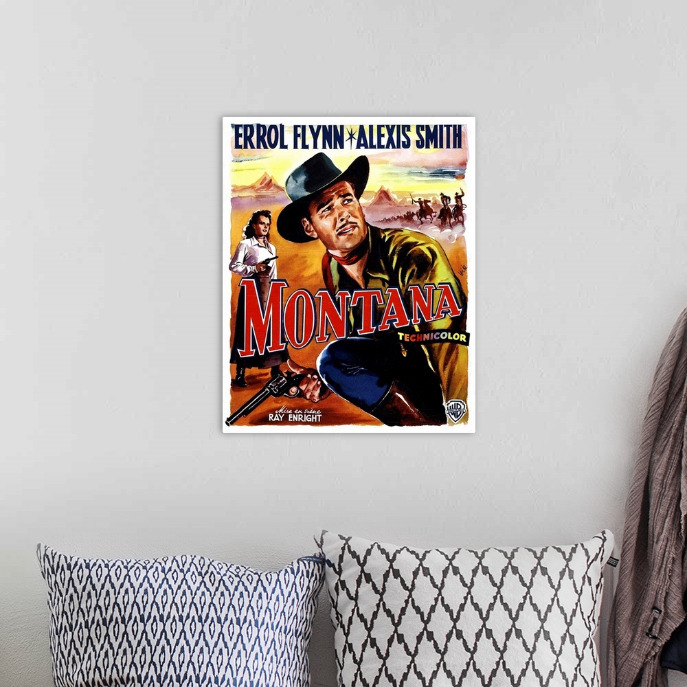 A bohemian room featuring Montana, Alexis Smith, Errol Flynn, (Belgian Poster Art), 1950.