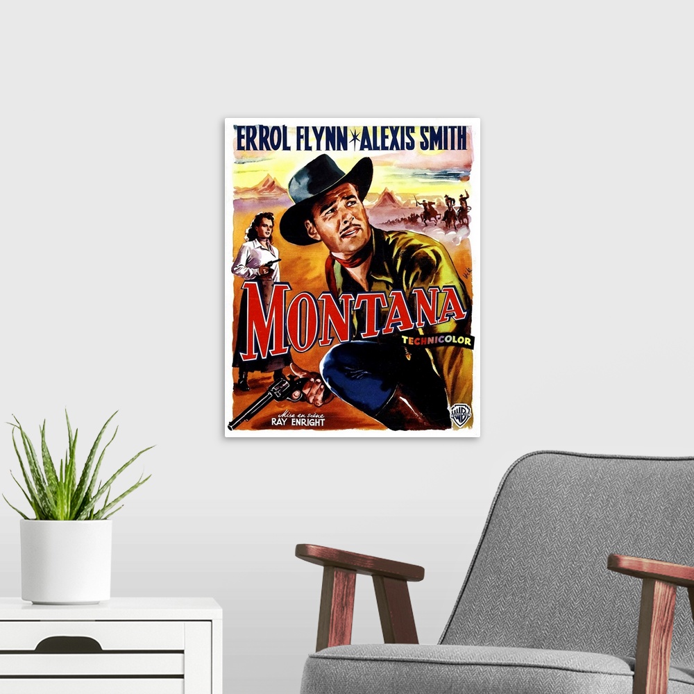 A modern room featuring Montana, Alexis Smith, Errol Flynn, (Belgian Poster Art), 1950.
