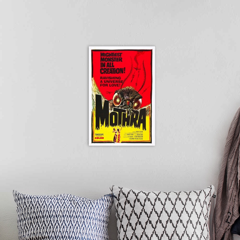 A bohemian room featuring Mothra - Vintage Movie Poster
