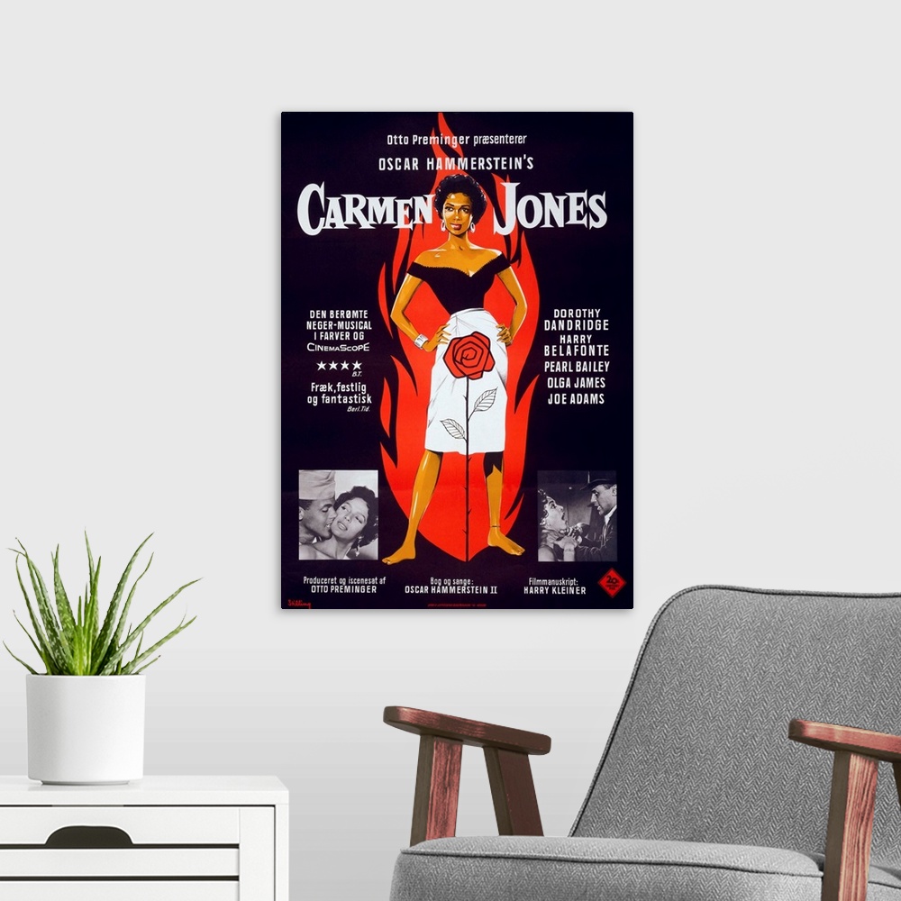 A modern room featuring Motion picture poster for CARMEN JONES, shows Dorothy Dandridge as Carmen and Harry Belafonte in ...