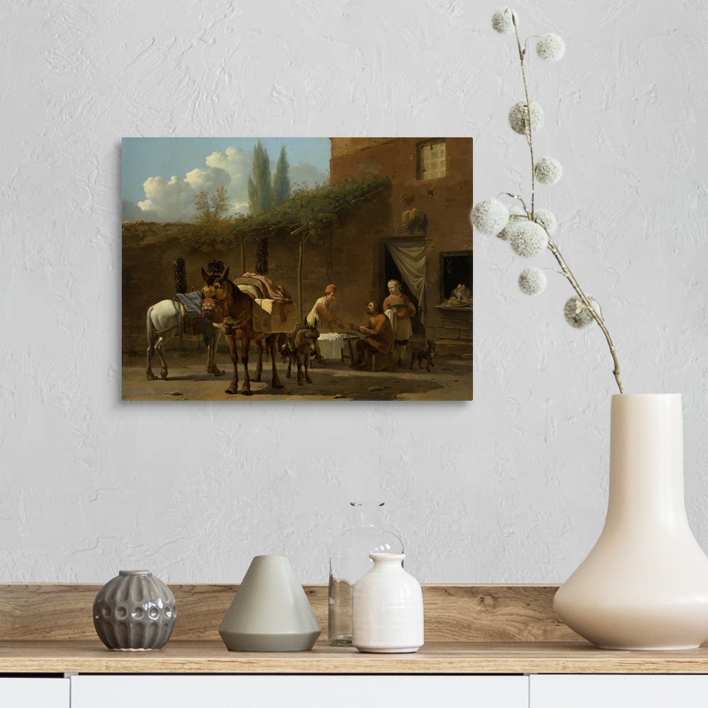 A farmhouse room featuring Muleteers at an Inn, by Karel Dujardin, 1658-60, Dutch painting, oil on panel. Italianate scene a...