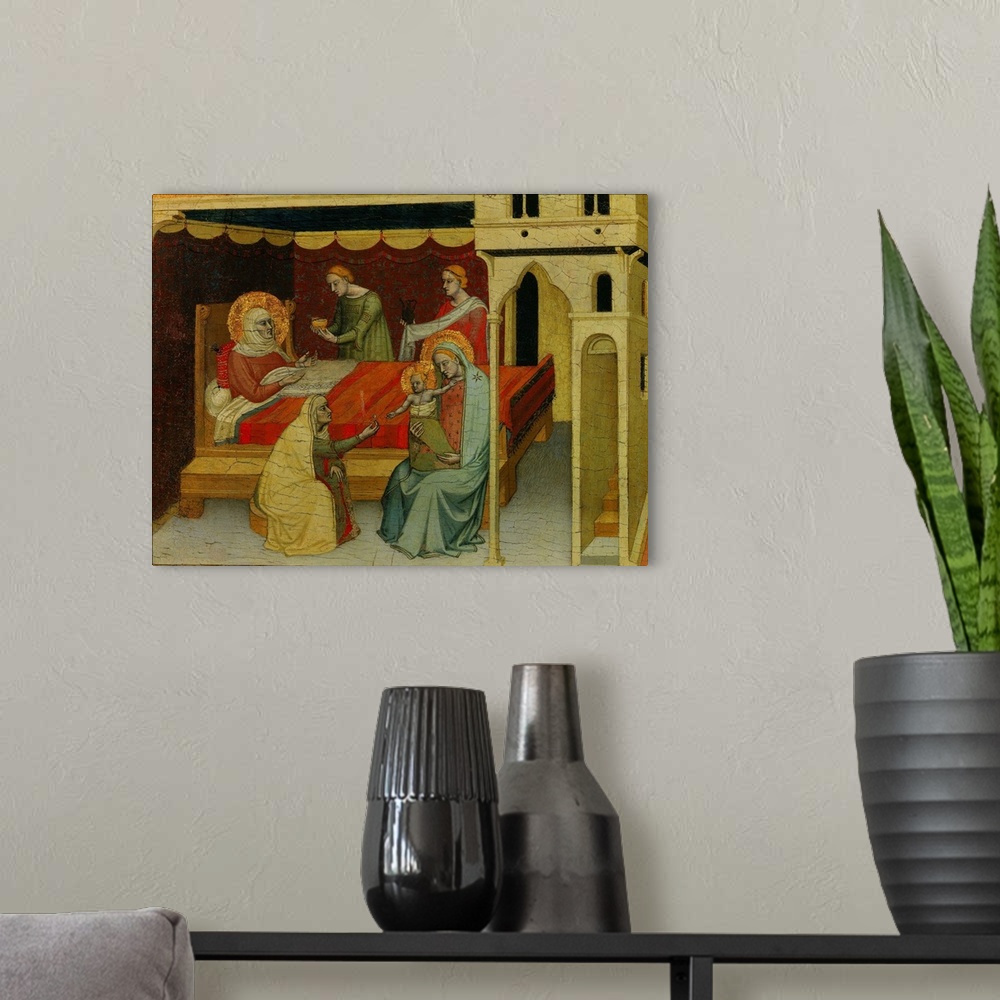 A modern room featuring Master of the Nativity of St. John the Baptist. The Nativity of St. John the Baptist. Oil on wood...