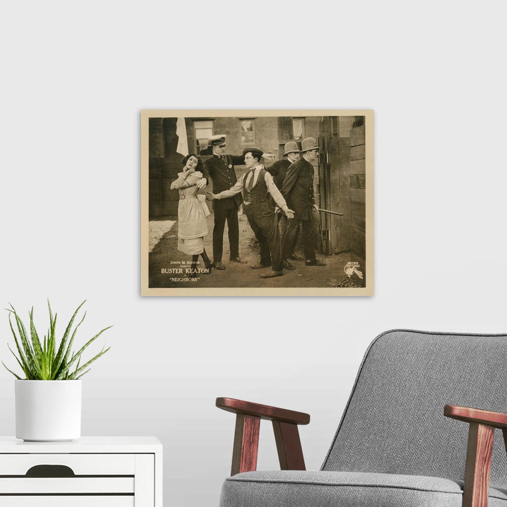 A modern room featuring Neighbors, Lobbycard, Front, From Left: Virginia Fox, Edward F. Cline, Buster Keaton, 1920.