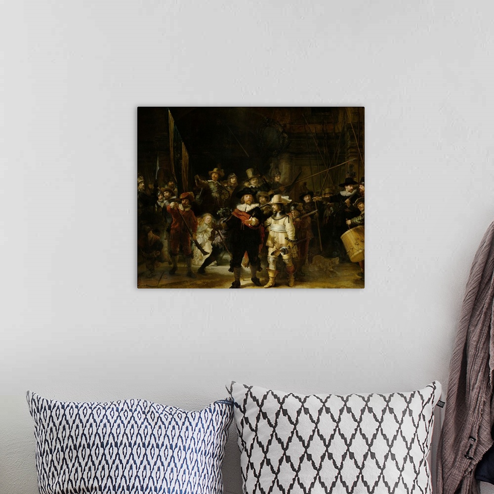 A bohemian room featuring Night Watch, by Rembrandt van Rijn, 1642, Dutch painting, oil on canvas. The painting, originally...