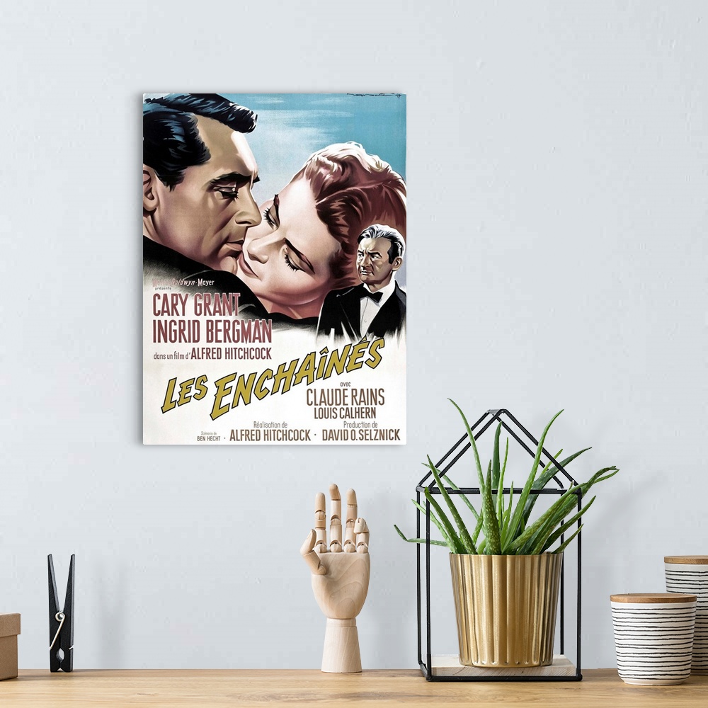 A bohemian room featuring Notorious, French 1963 Re-Release Poster Art, Cary Grant, Ingrid Bergman, Claude Rains, 1946.