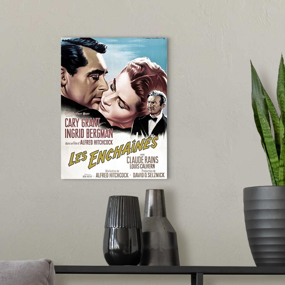 A modern room featuring Notorious, French 1963 Re-Release Poster Art, Cary Grant, Ingrid Bergman, Claude Rains, 1946.