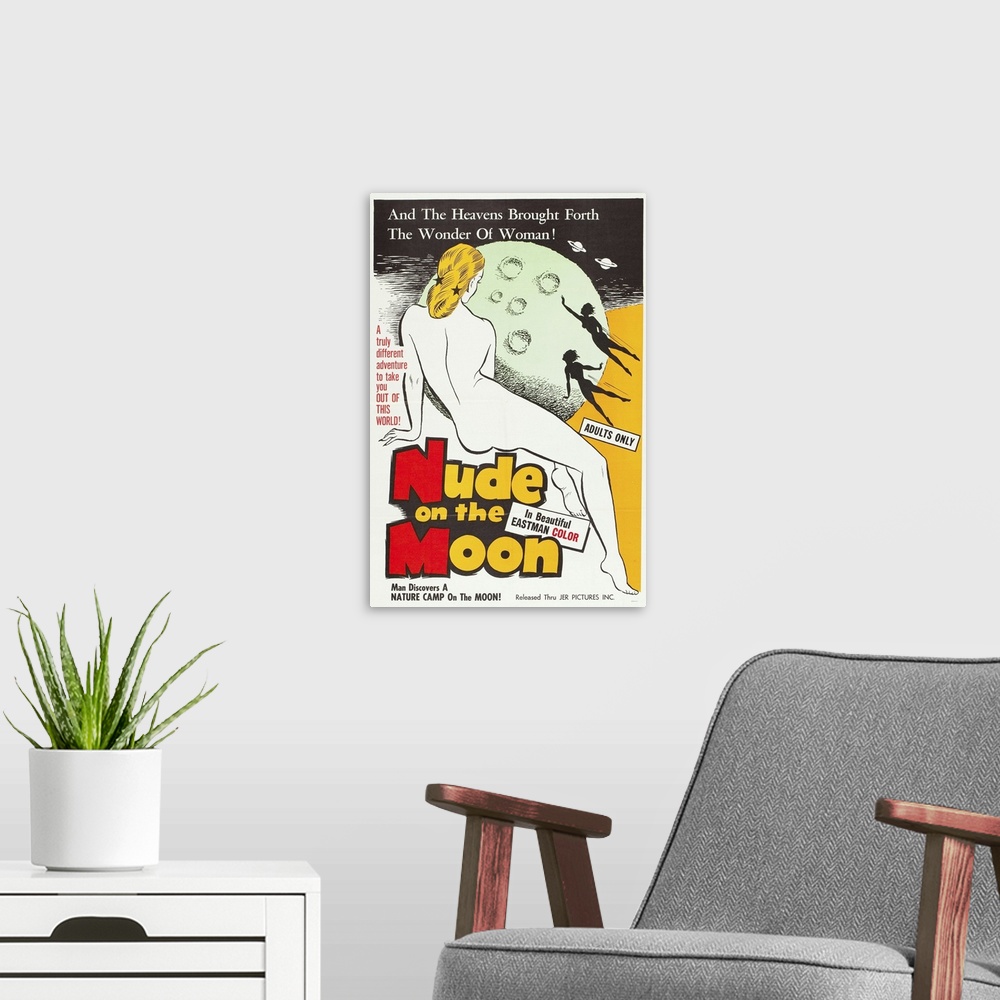 A modern room featuring Nude on the Moon - Vintage Movie Poster