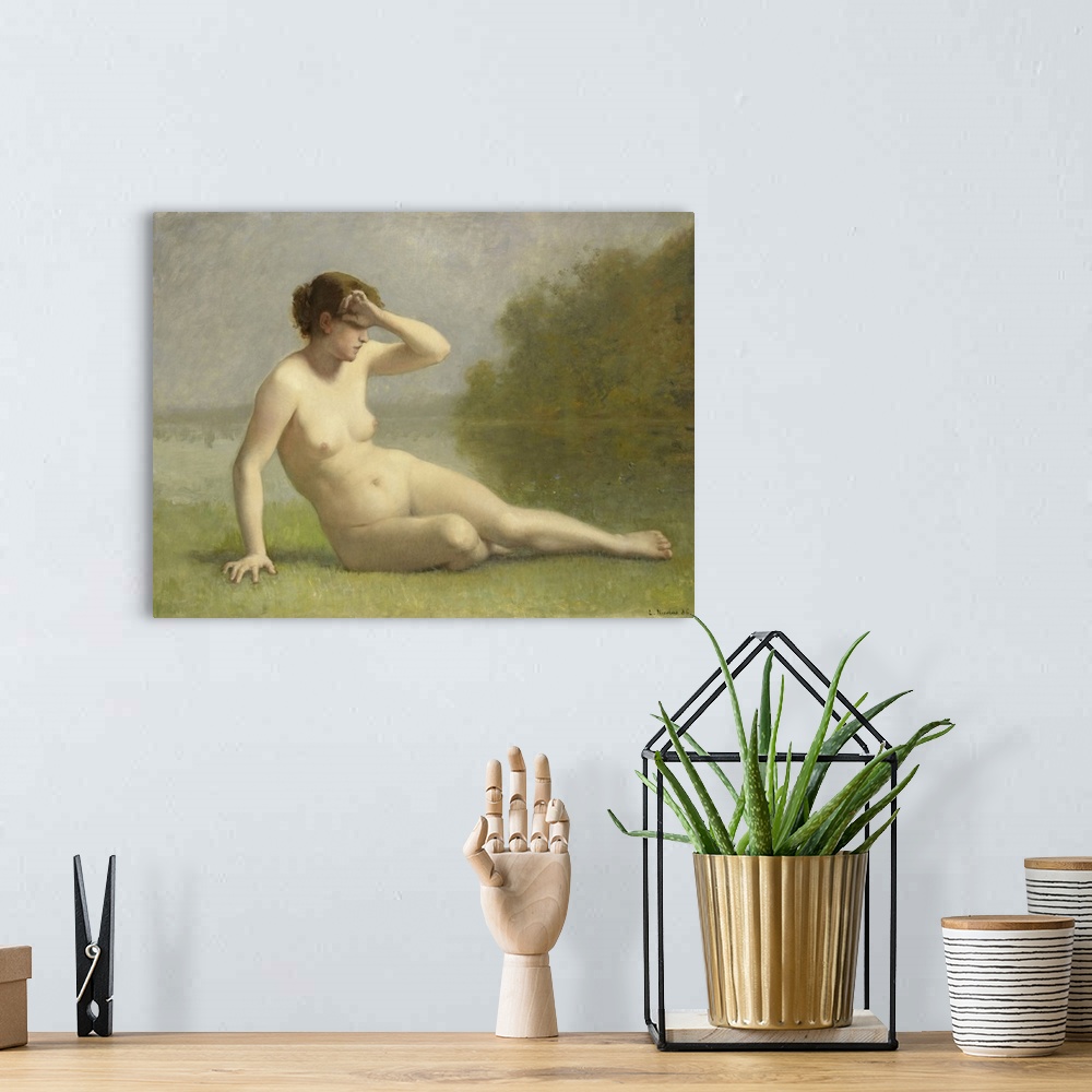 A bohemian room featuring Nymph, by L. Nicolas, 1886, Dutch painting, oil on canvas. A young naked woman sitting in the gra...