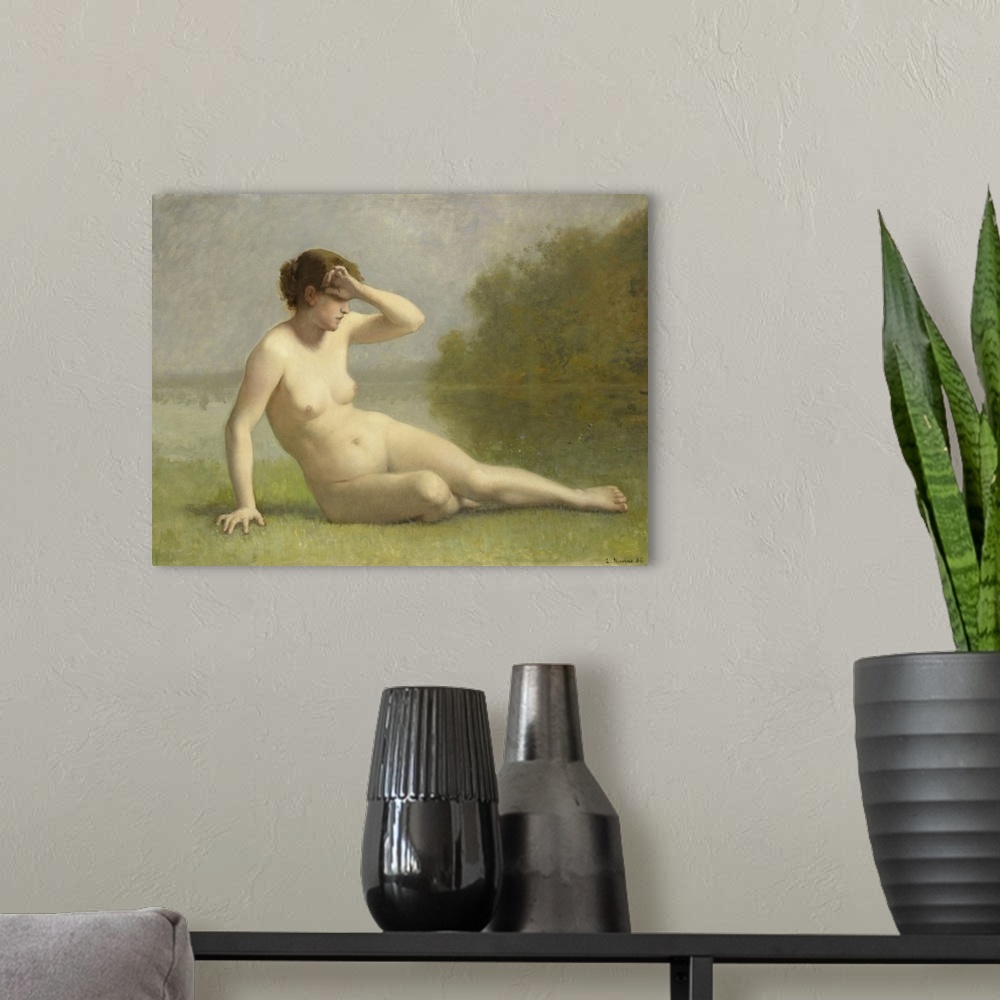 A modern room featuring Nymph, by L. Nicolas, 1886, Dutch painting, oil on canvas. A young naked woman sitting in the gra...