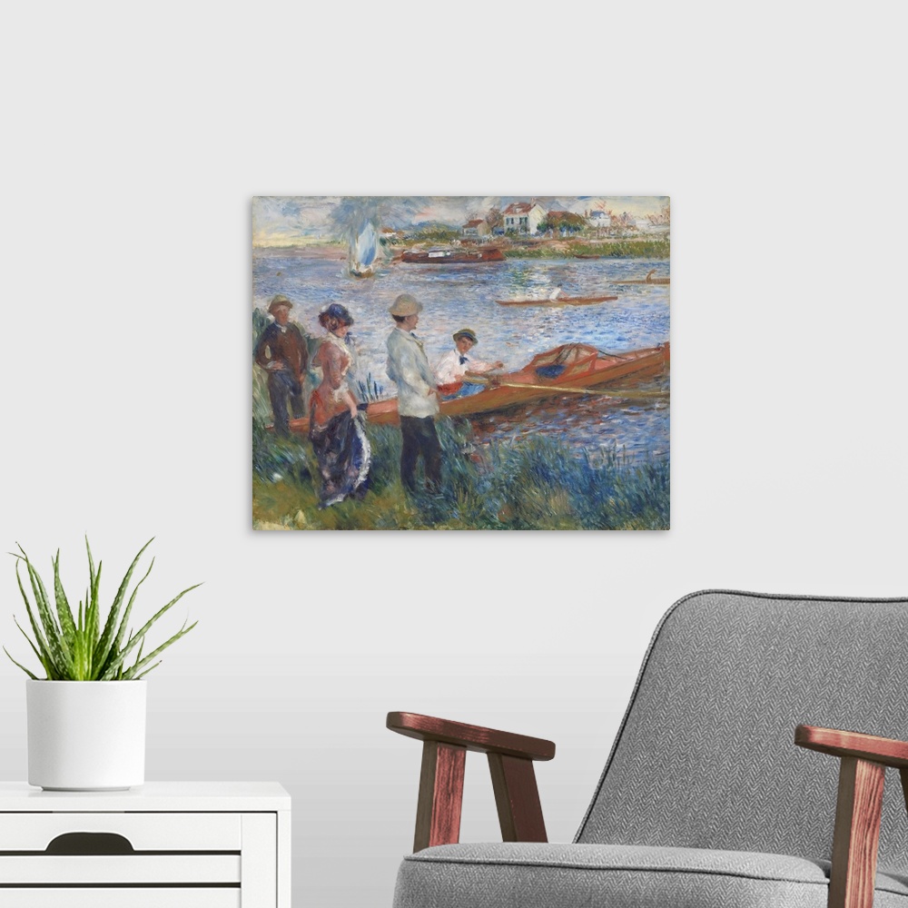 A modern room featuring Oarsmen at Chatou, by Auguste Renoir, 1879, French impressionist painting, oil on canvas. The man...