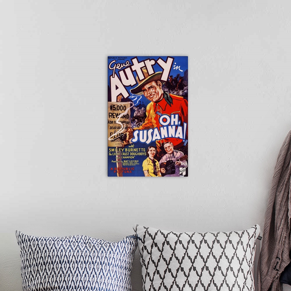 A bohemian room featuring Retro poster artwork for the film Oh, Susanna.