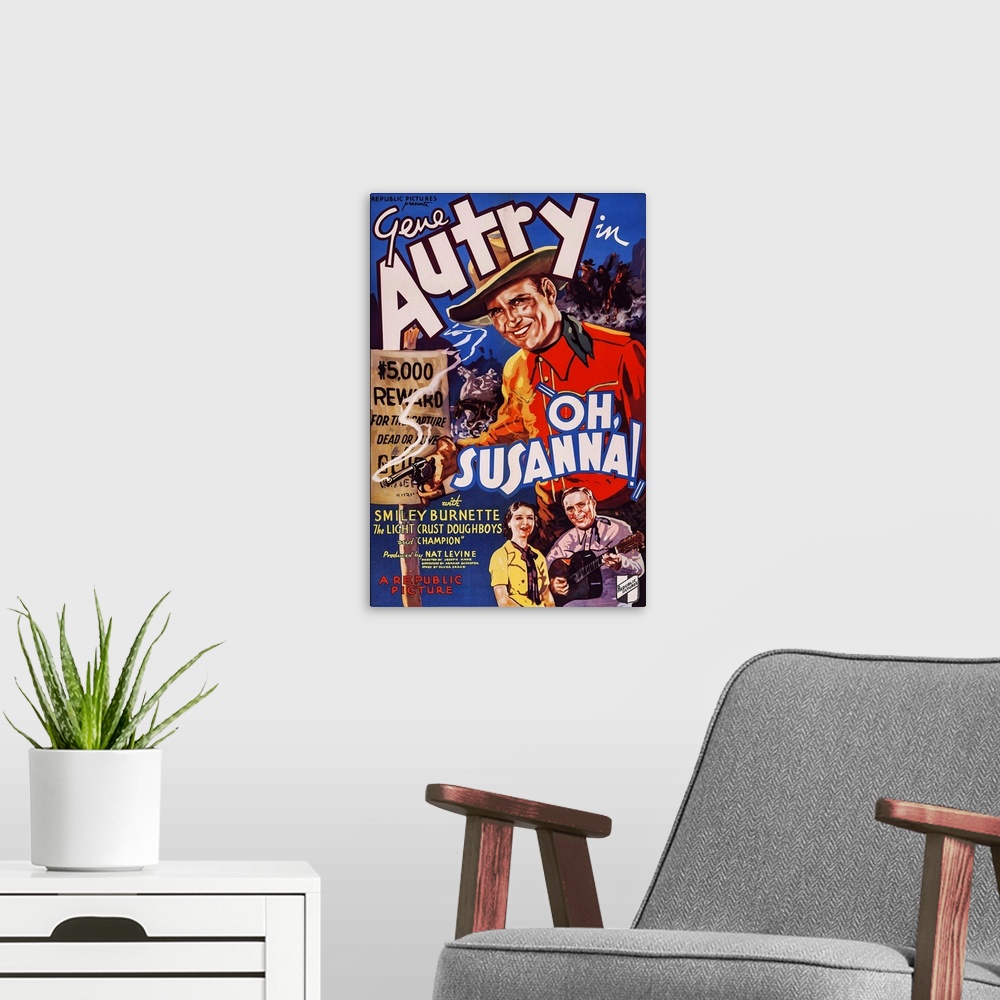 A modern room featuring Retro poster artwork for the film Oh, Susanna.