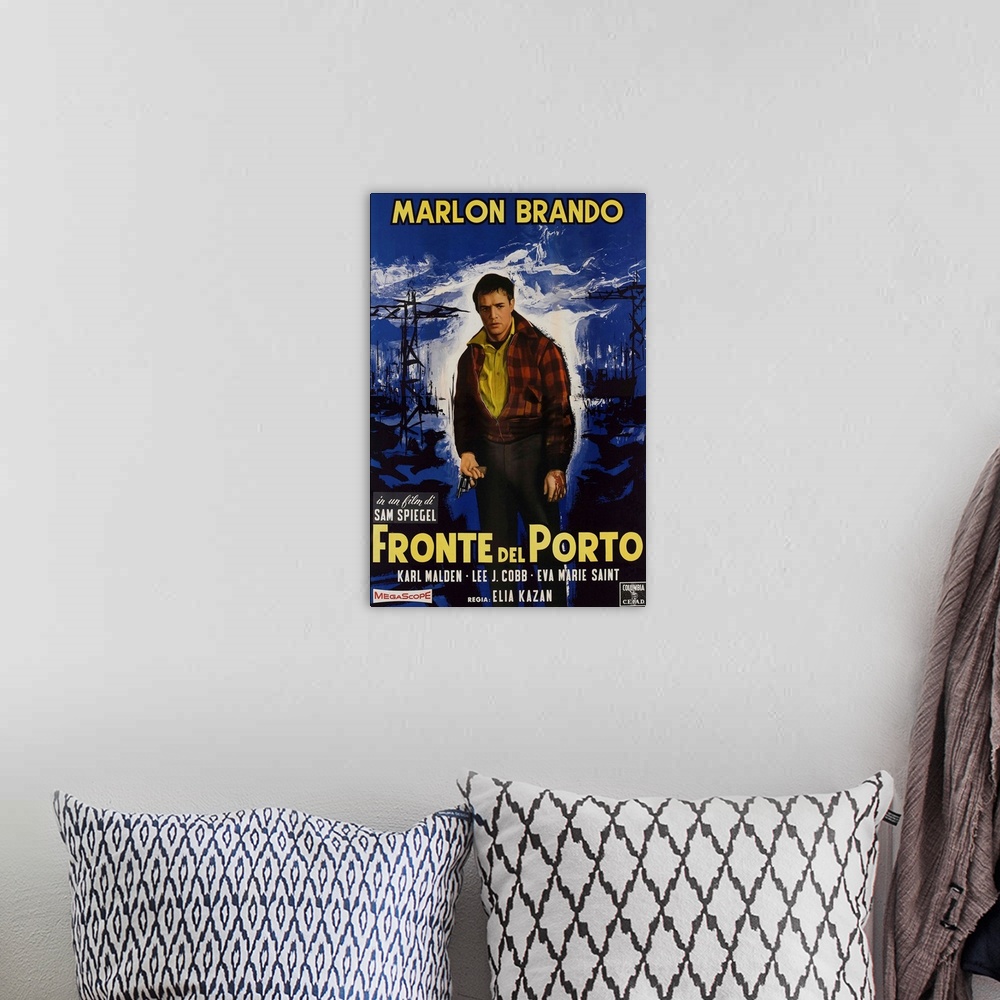 A bohemian room featuring On The Waterfront, (aka Fronte Del Porto), Marlon Brando On Italian Poster Art, 1954.
