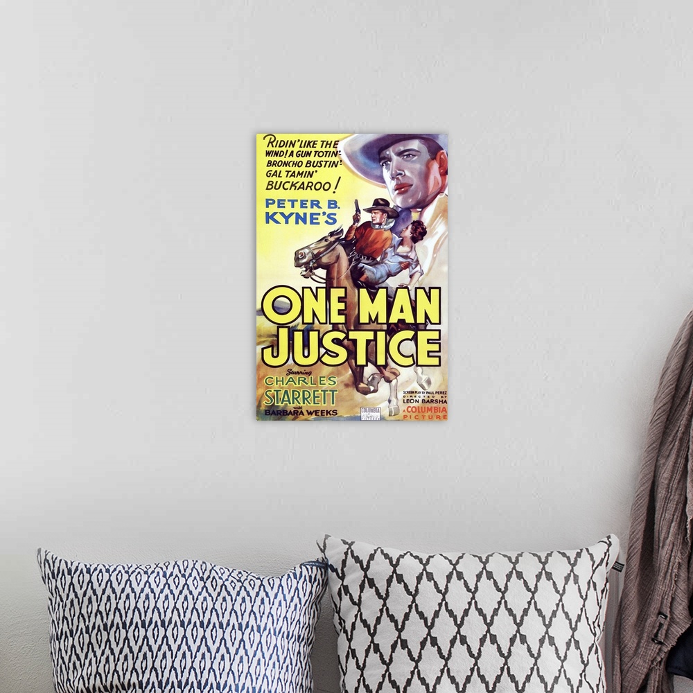 A bohemian room featuring Retro poster artwork for the film One Man Justice.