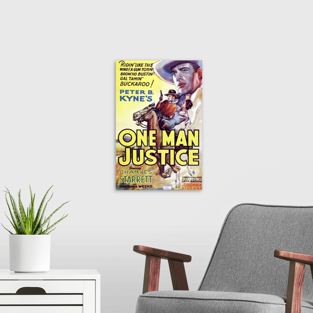 A modern room featuring Retro poster artwork for the film One Man Justice.