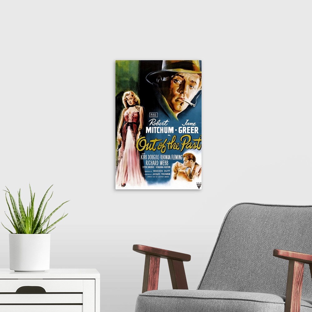 A modern room featuring Out of the Past - Vintage Movie Poster