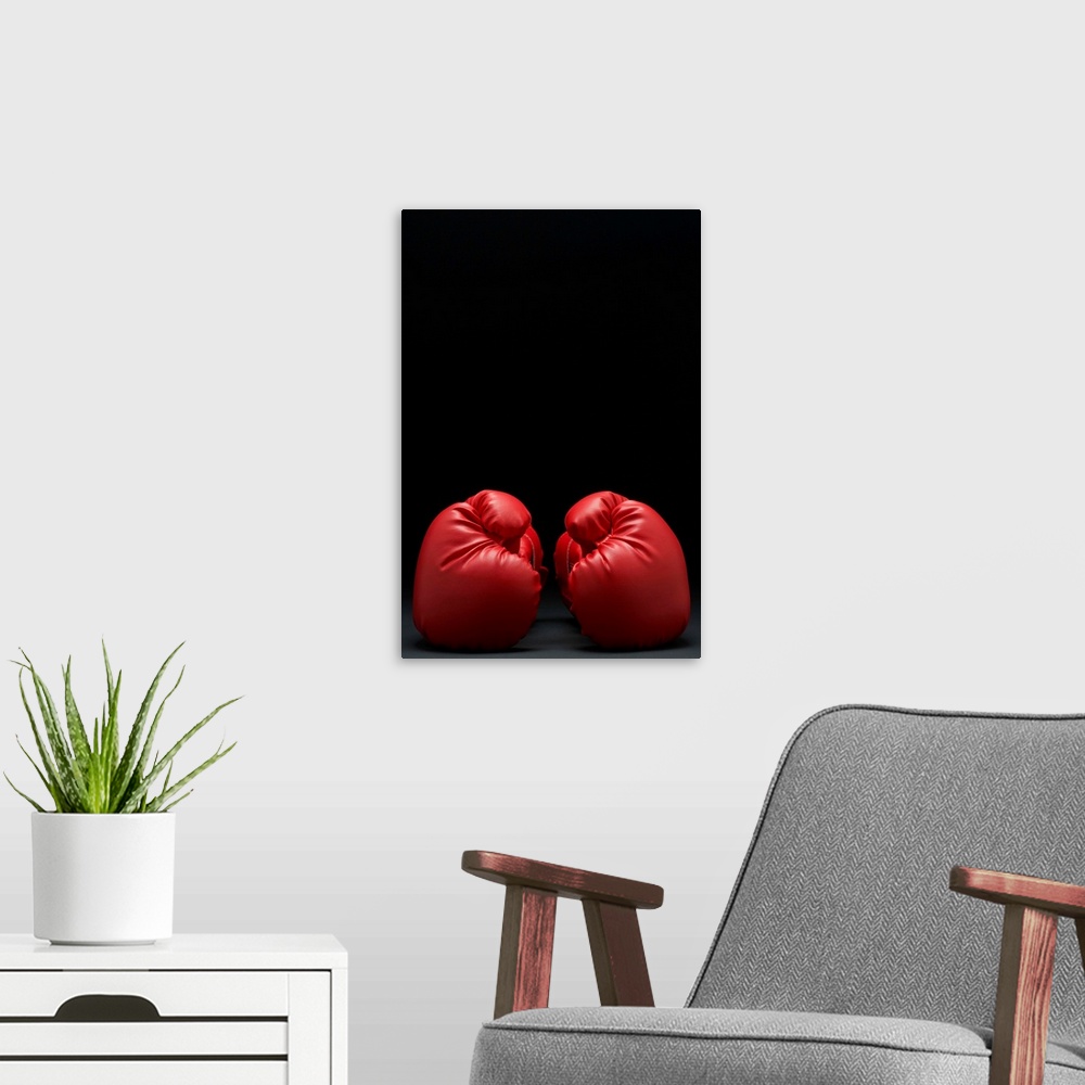 A modern room featuring Pair Of Red Boxing Gloves