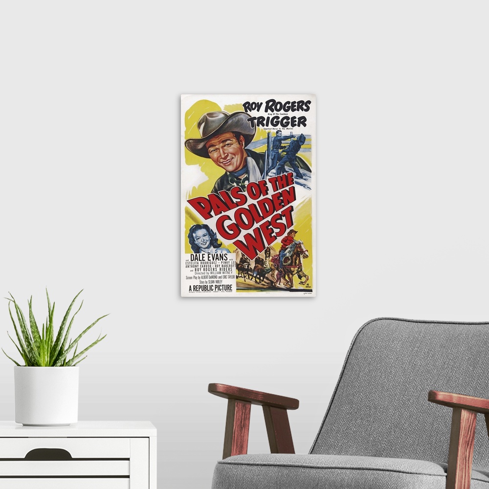 A modern room featuring Retro poster artwork for the film Pals of the Golden West.