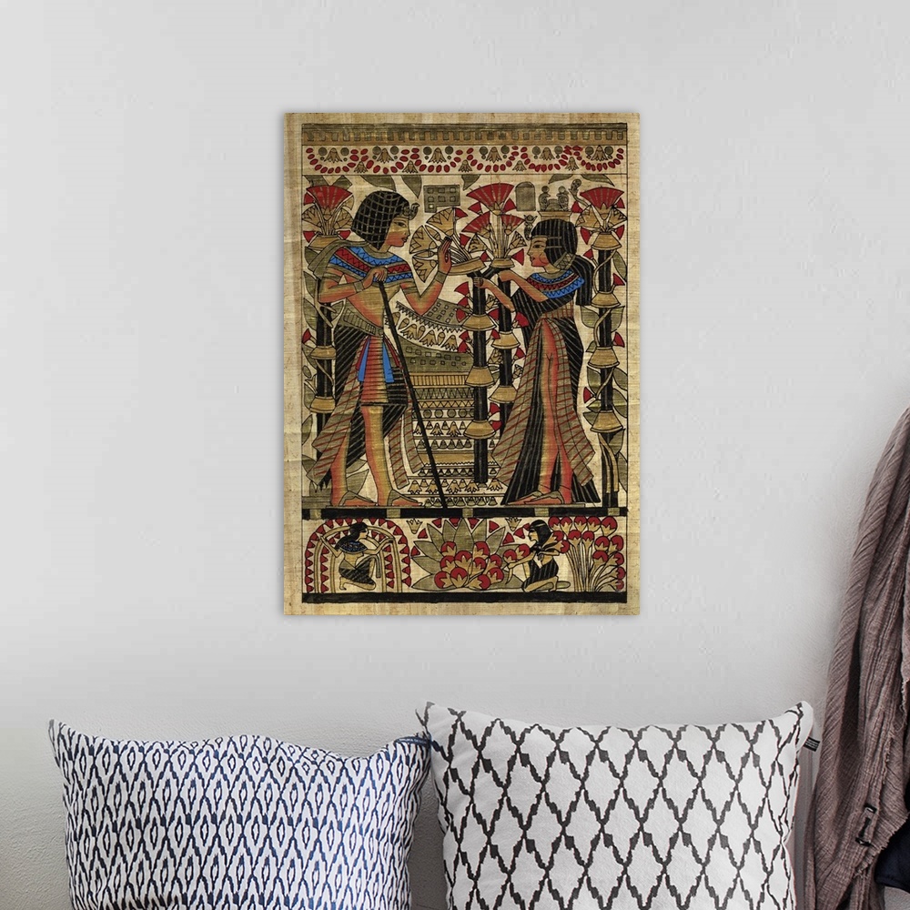 A bohemian room featuring Egyptian Art. Papyrus: Pharaoh and wife.