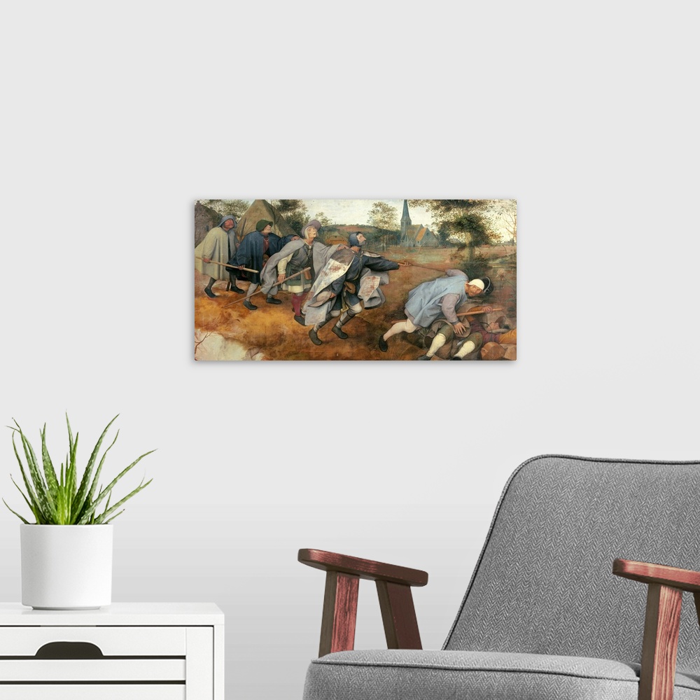 A modern room featuring Parable of the Blind, by Pieter il Vecchio Bruegel, 1568, 16th Century, tempera on canvas
