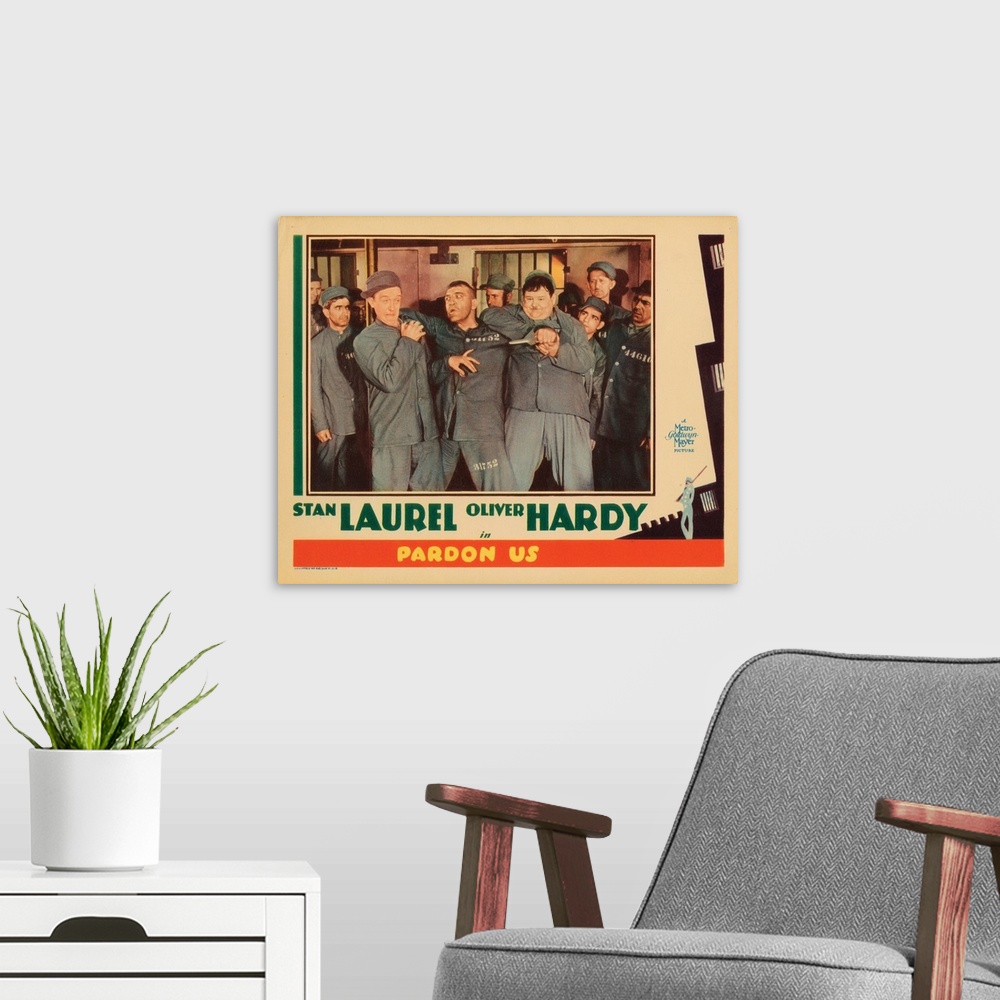 A modern room featuring Pardon Us, Lobbycard, Front, From Left: Stan Laurel, Walter Long, Oliver Hardy, 1931.